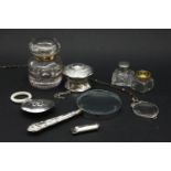 An Edwardian silver baby's rattle, a silver magnifying glass and other collectables (quantity)