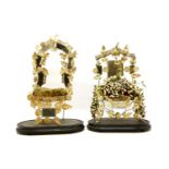 Two late 19th century marriage stands, one with wax fruits, both lacking glass domes, the tallest