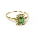 A 9ct gold emerald cut green tourmaline and cubic zirconia rectangular cluster ring, size S½1.93g