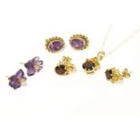 Three pairs of assorted earrings, to include a pair of 9ct gold citrine and garnet cluster