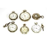A silver open faced pocket watch, white dial and Arabic numerals, and five assorted silver fob