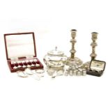 A collection of silver items, to include a tea caddy, a cased set of six teaspoons, caddy spoons,