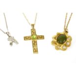 A white gold diamond set cross over pendant on chain, a 9ct gold cross with Greek key decoration and