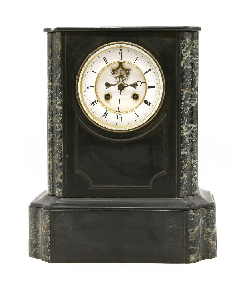 A black slate and variegated green marble mantel clock, 37cm high