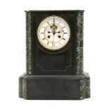 A black slate and variegated green marble mantel clock, 37cm high