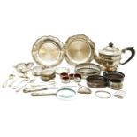 Silver items: including tea pot, teaspoons, dishes, box, also silver plated coasters, drip rings,