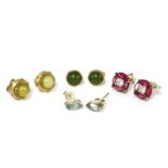A pair of 9ct gold nephrite cabochon stud earrings, a pair of silver cubic zirconia and synthetic