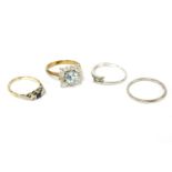 A 9ct gold topaz and cubic zirconia square cluster ring, size O, a wedding band marked Platinum,