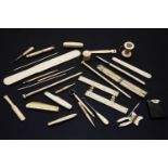 A collection of Victorian ivory and bone items, to include a folding ruler by E. Preston and sons,