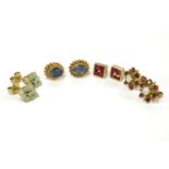 Four pairs of assorted earrings, to include a pair of 9ct gold ruby quatrefoil square cut cluster