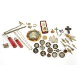 A collection of miscellaneous items, to include two silver topped Cranberry glass scent bottles, a