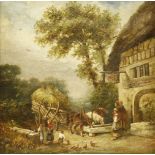 Circle of John Anthony Puller (1821-1867)FIGURES OUTSIDE AN INN, WITH A HORSE-DRAWN HAYCARTOil on