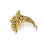 A 9ct gold articulated dolphin pendant, set with multi-coloured cubic zirconia and synthetic