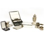 Silver items: sugar shaker, cigarette box, case and vesta, inkwell, 5 napkin rings, set of 6 cased