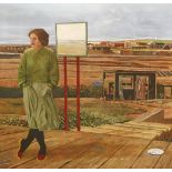 *Terence Clarke (b.1953)A WOMAN STANDING AT RAILWAY TRACKS IN AN INDUSTRIAL LANDSCAPESigned verso,