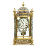 A champlevé cloisonné and brass-mounted mantel clock, 20th century, the painted enamel dial with