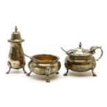 An early 20th century silver three piece cruet by Jay, Richard Attenborough Co Ltd, comprising salt,