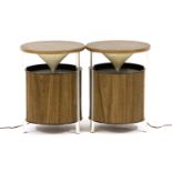 A pair of contemporary faux teak and metal speakers, 26cm diameter x 34cm high