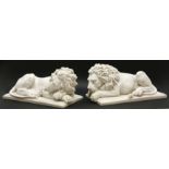 A pair of reconstituted marble lions after Canova