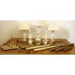 A quantity of brass wall lights and table lights