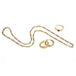 A 9ct gold fetter and three chain necklaces, with lobster claw clasp 3.66g, a pair of gold hollow