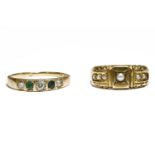 A 15ct gold split pearl ring, dated Birmingham 1887, and a 15ct gold graduated five stone diamond