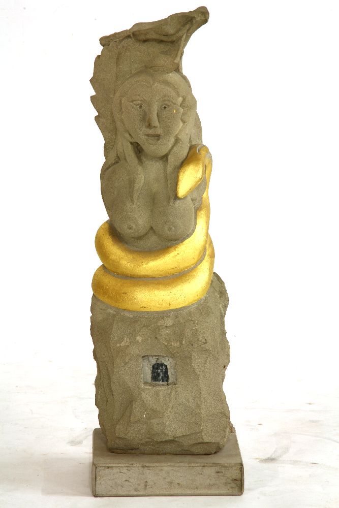 Eve of constriction, a carved York stone and gilt high lighted sculpture, by Kelvin Brown, 1998,