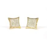 A pair of 9ct gold square pavé set diamond studs, with concave borders, 2.21g