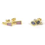 A pair of 18ct gold diamond and sapphire stud earrings, a rub set diamond to an oval cut sapphire in