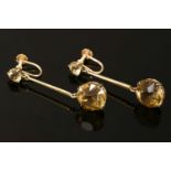 A pair of gold smokey quartz coloured paste stone drop earrings, c.1915, marked 9ct (2)