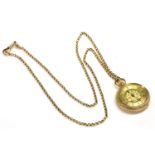 A gold ladies fob watch, with Arabic numerals, floral decoration to centre, marked 18ct, with rolled