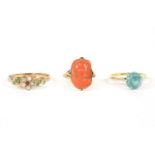 A 9ct gold single stone zircon ring, 2.30g, a 9ct gold ruby and opal daisy cluster ring with