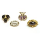 A gold amethyst and split pearl twin heart brooch, with coronet above, 4.14g, (tested as 9ct