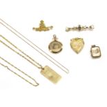 A collection of gold jewellery, to include a 9ct gold single diamond calendar pendant, marked