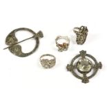 A collection of silver items to include a silver bark textured ring, marked London 1973, H.J., a