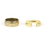 An 18ct gold wedding ring, (cut right through), 4.39g, and a 9ct gold wedding ring, 5.97g