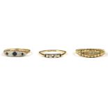 An 18ct gold five stone graduated diamond ring, 2.71g, a 9ct gold sapphire and diamond ring, 1.