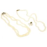 A two row graduated cultured pearl necklace, with zircon and cultured pearl box clasp, a single