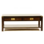 A military style stained hardwood low table, the rectangular top above two frieze drawers, with