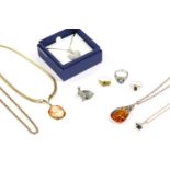 A collection of costume jewellery, to include a silver amber pendant on chain, a rolled gold hinge