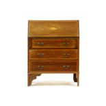 An Edwardian inlaid mahogany bureau, with full front above three long drawers, on turned feet,