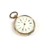 A gold open faced pocket watch, with white enamel dial and Roman numerals, with rolled gold bale and