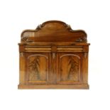 A Victorian mahogany chiffonier, fitted two drawers over cupboard doors, 135cm wide, 49cm deep,