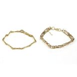 A gold bamboo link bracelet, with bolt ring, 7.18g, a 9ct gold three row gate link bracelet, 4.15g