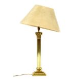 A modern brass corinthian column table lamp and shade, lamp 61cm high