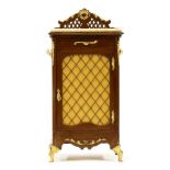 A Louis XVI style serpentine cabinet, with marble top over a single door, 53cm wide, 38cm deep,