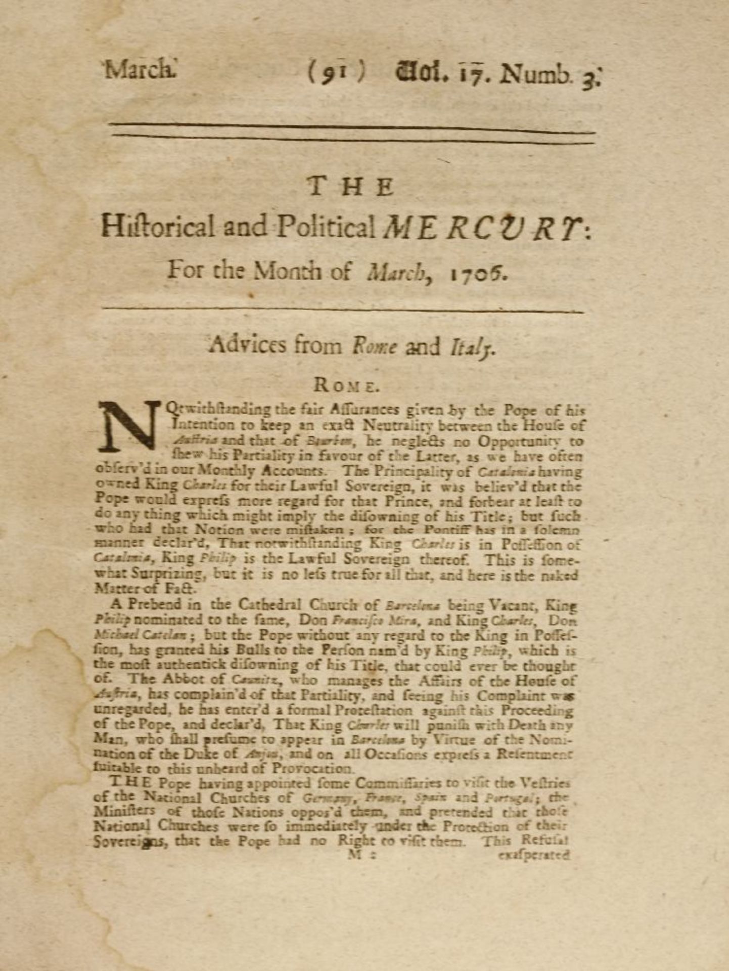 1- Periodical: Monthly Mercury; for the month of March, 1706 (vol. xvii, no. 3). PP: title, (i) - Image 3 of 3