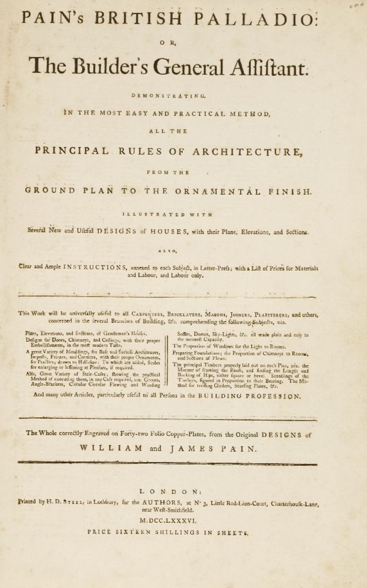 Pain, William & James: Pain's British Palladio; or, the builder’s general assistant, with 42 Folio - Image 2 of 3