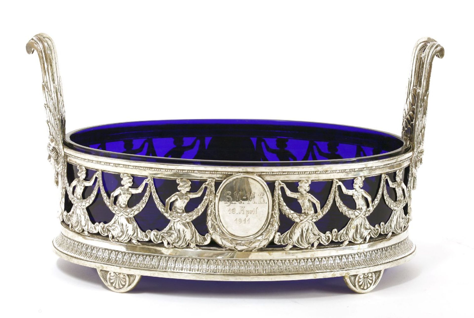 A German silver twin-handled centrepiece,early 20th century, of oval form with a beaded border