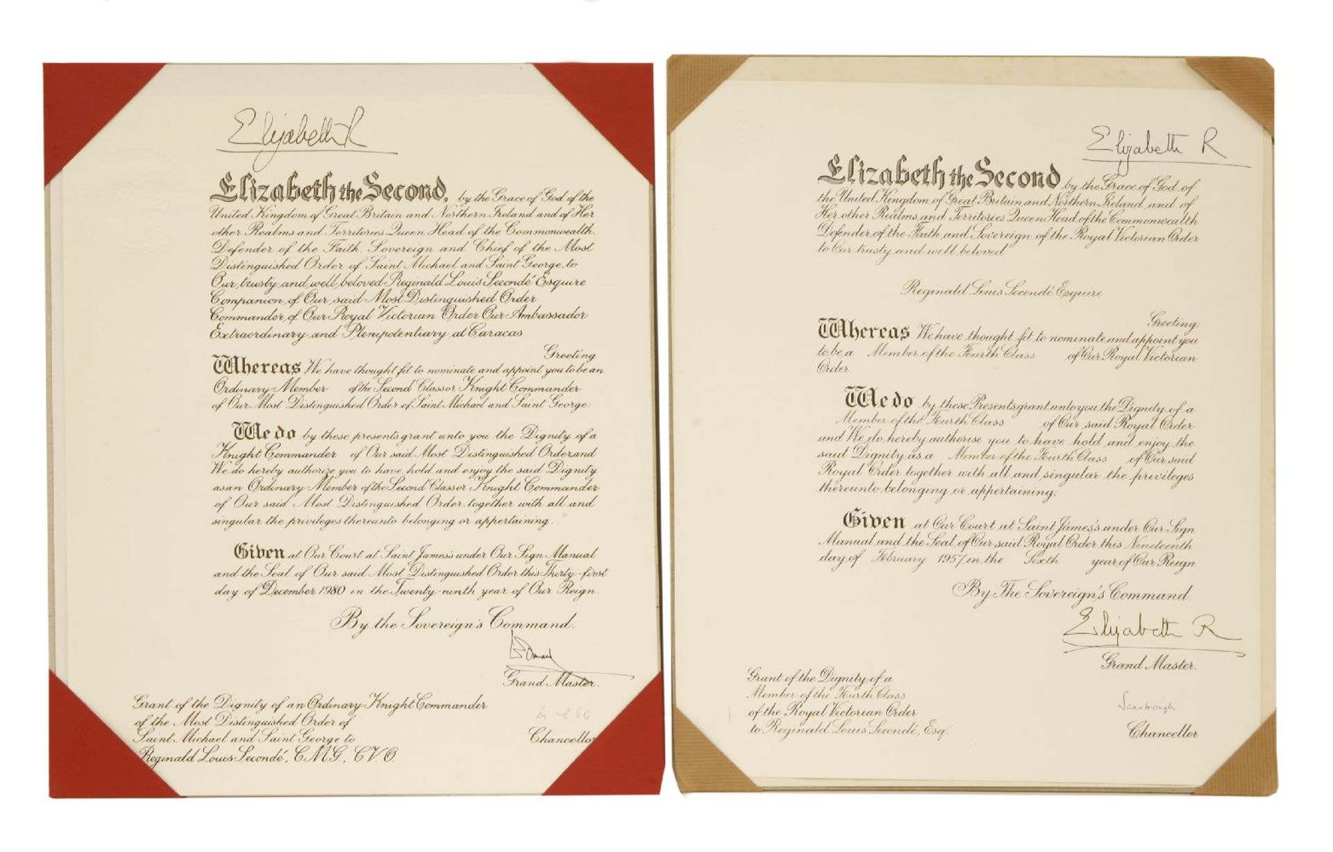 Queen Elizabeth II: Seven SIGNED Awards & Appointments all given to Reginald Louis Secondé KCMG